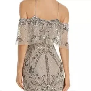 Aidan Mattox Dresses Nude Gray Cold Shoulder Beaded Sequin